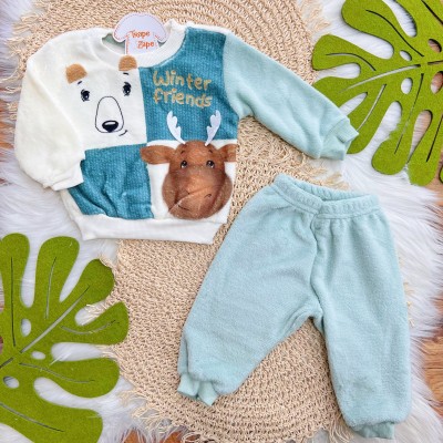 Conj. Casaco Winter Friends e Calça de Pelinho - Verde e Off White